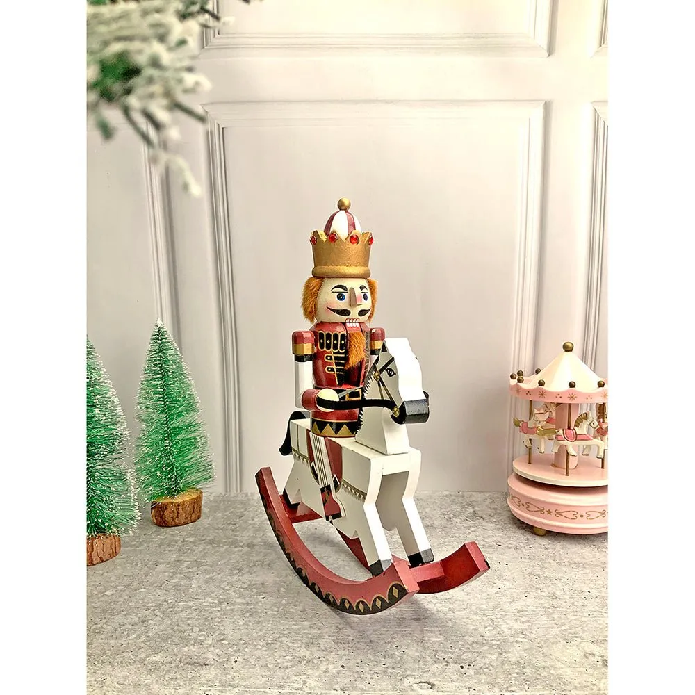 12 inches wooden Maroon Rocking Horse Nutcracker self standing Christmas Table Decor