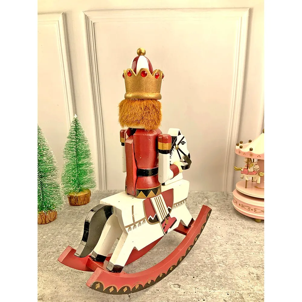 12 inches wooden Maroon Rocking Horse Nutcracker self standing Christmas Table Decor