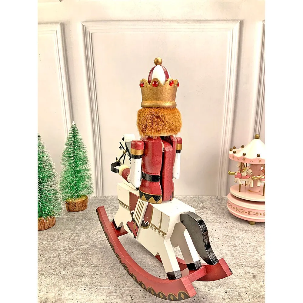 12 inches wooden Maroon Rocking Horse Nutcracker self standing Christmas Table Decor