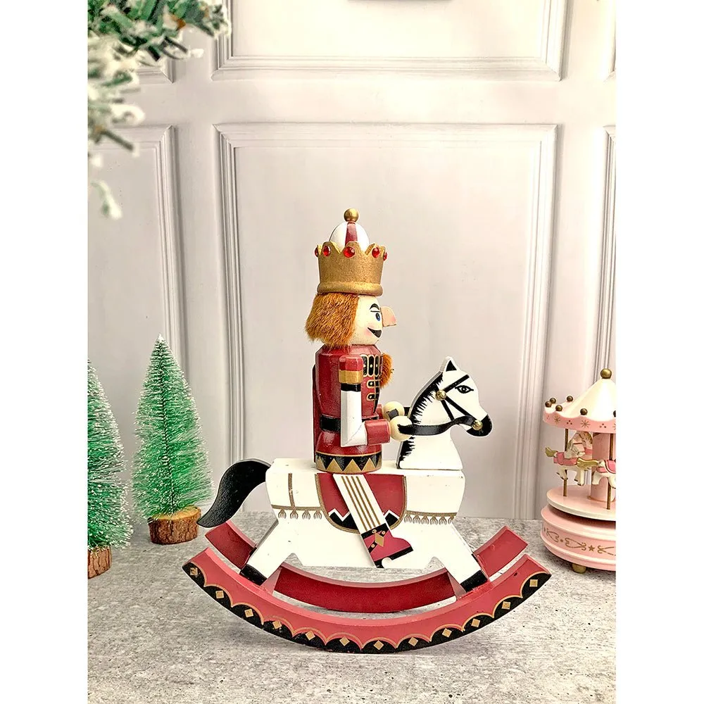 12 inches wooden Maroon Rocking Horse Nutcracker self standing Christmas Table Decor