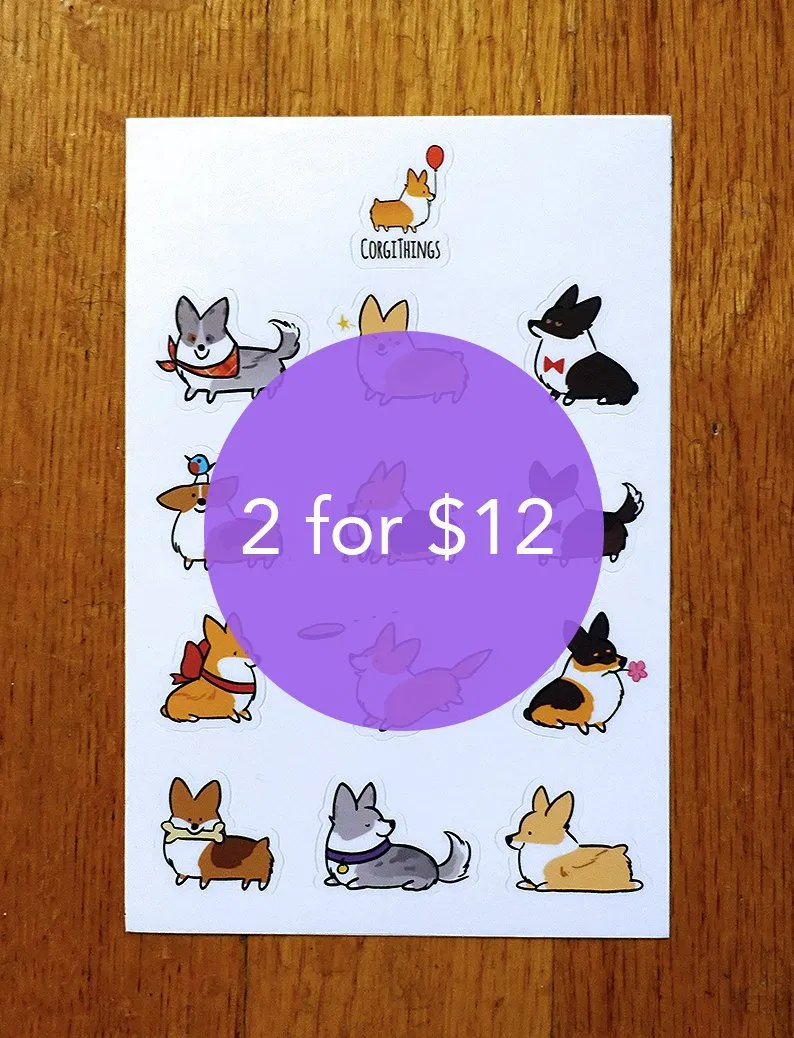 2 "Mixed Corgi" Sticker Sheets for $12 | Mini Vinyl Stickers