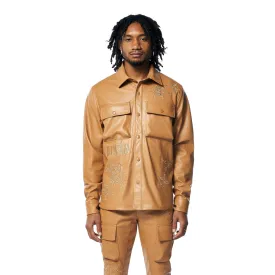 3D Embroidered & Patched Vegan Leather Overshirt - Tan