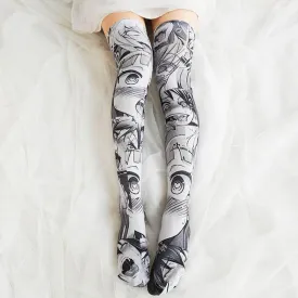 Expressive Anime Face Print Thigh-High Stockings