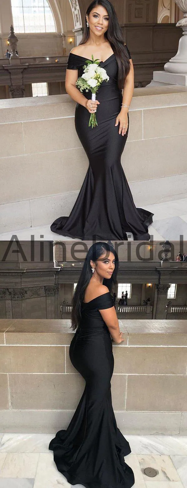 Elegant Black Off-Shoulder Mermaid Bridesmaid Dress - Simple Long Gown (Style AB4046)