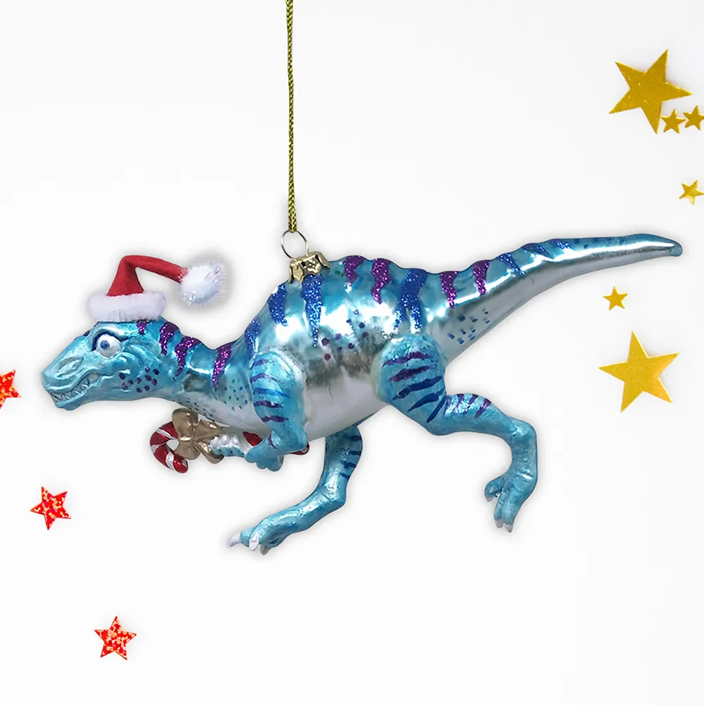 Blue Dinosaur Raptor Glass Ornament