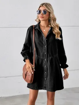 Explore More Collection - Button Up Flounce Sleeve Mini Denim Dress