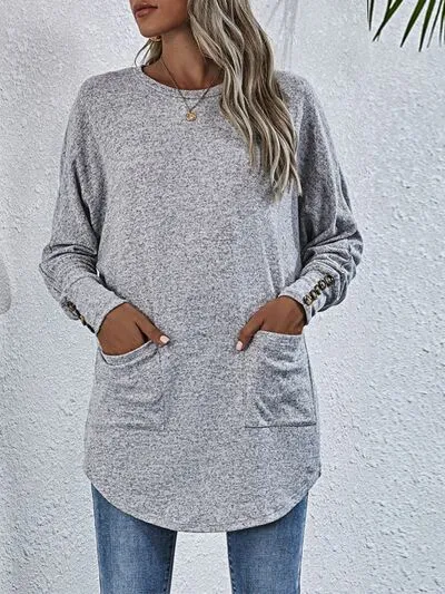 Explore More Collection - Buttoned Round Neck Long Sleeve T-Shirt