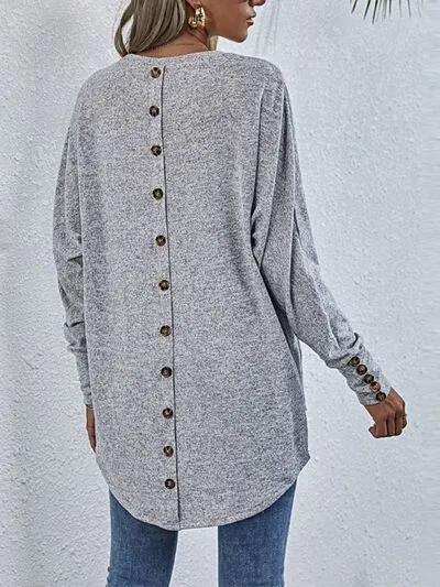 Explore More Collection - Buttoned Round Neck Long Sleeve T-Shirt