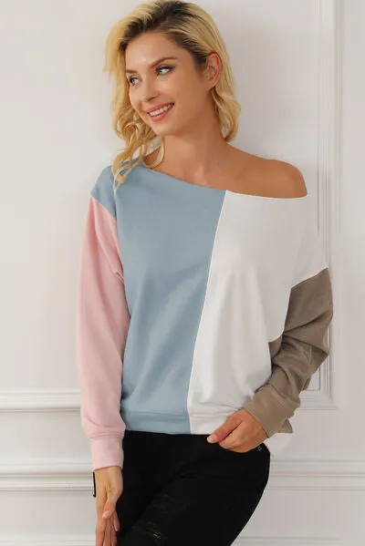 Explore More Collection - Color Block Boat Neck Sweatshirt