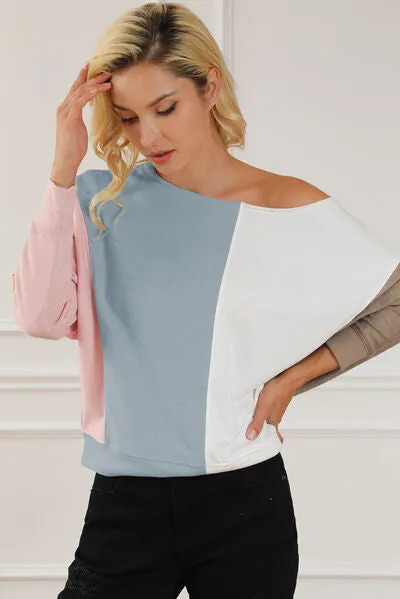 Explore More Collection - Color Block Boat Neck Sweatshirt