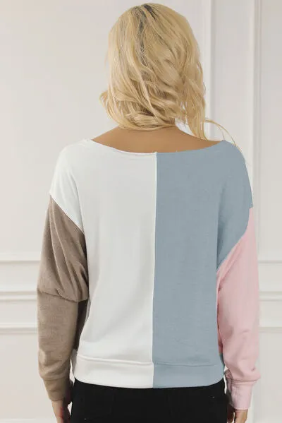 Explore More Collection - Color Block Boat Neck Sweatshirt