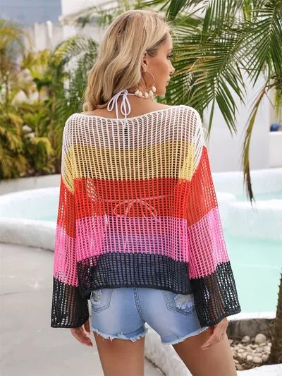 Explore More Collection - Color Block Openwork Boat Neck Cover Up