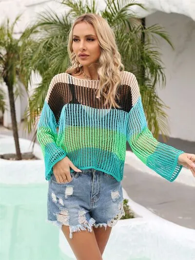 Explore More Collection - Color Block Openwork Boat Neck Cover Up