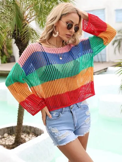 Explore More Collection - Color Block Openwork Boat Neck Cover Up