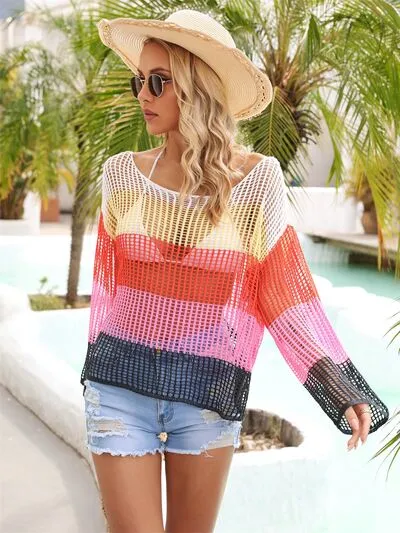 Explore More Collection - Color Block Openwork Boat Neck Cover Up