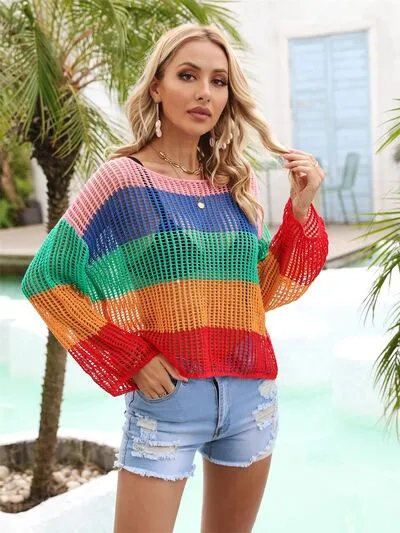 Explore More Collection - Color Block Openwork Boat Neck Cover Up