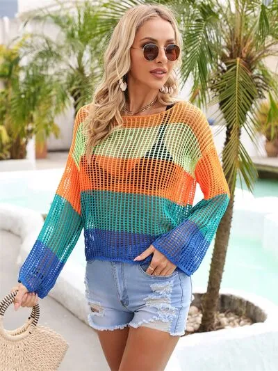 Explore More Collection - Color Block Openwork Boat Neck Cover Up