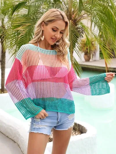 Explore More Collection - Color Block Openwork Boat Neck Cover Up