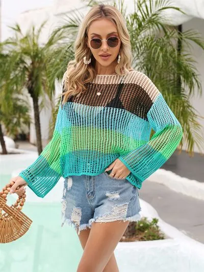 Explore More Collection - Color Block Openwork Boat Neck Cover Up