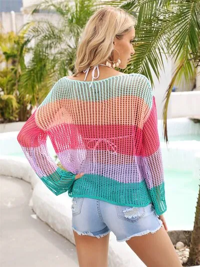 Explore More Collection - Color Block Openwork Boat Neck Cover Up