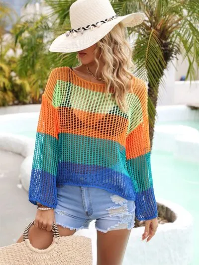 Explore More Collection - Color Block Openwork Boat Neck Cover Up